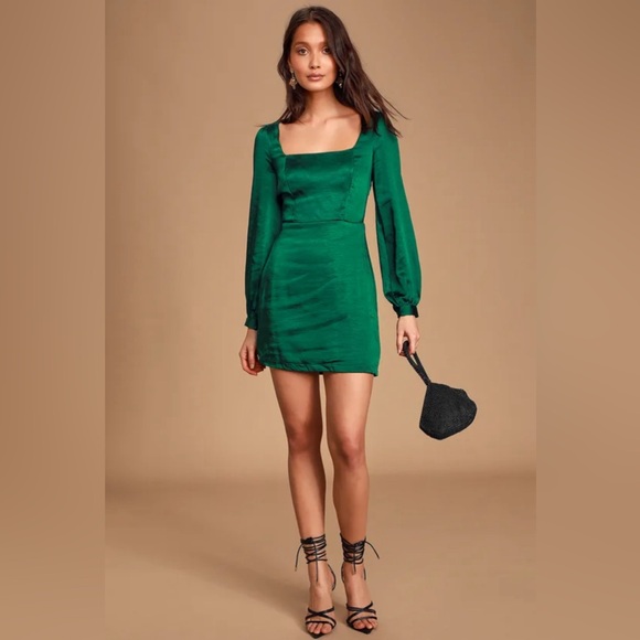 NWOT Lulu’s Got the Love Emerald Satin Square-neck Mini Dress Size US XL - Picture 1 of 8